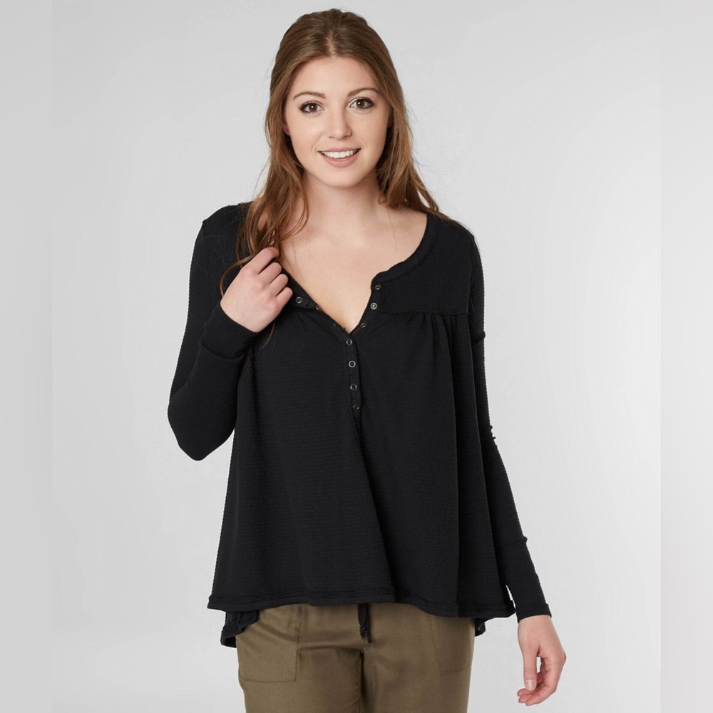 We The Free Black Long Sleeve Kai Thermal Henley Waffle Knit Top